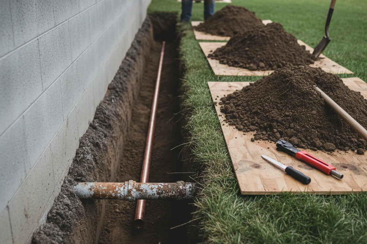 Excavated water line trench during Water Heater Repair in Morganton